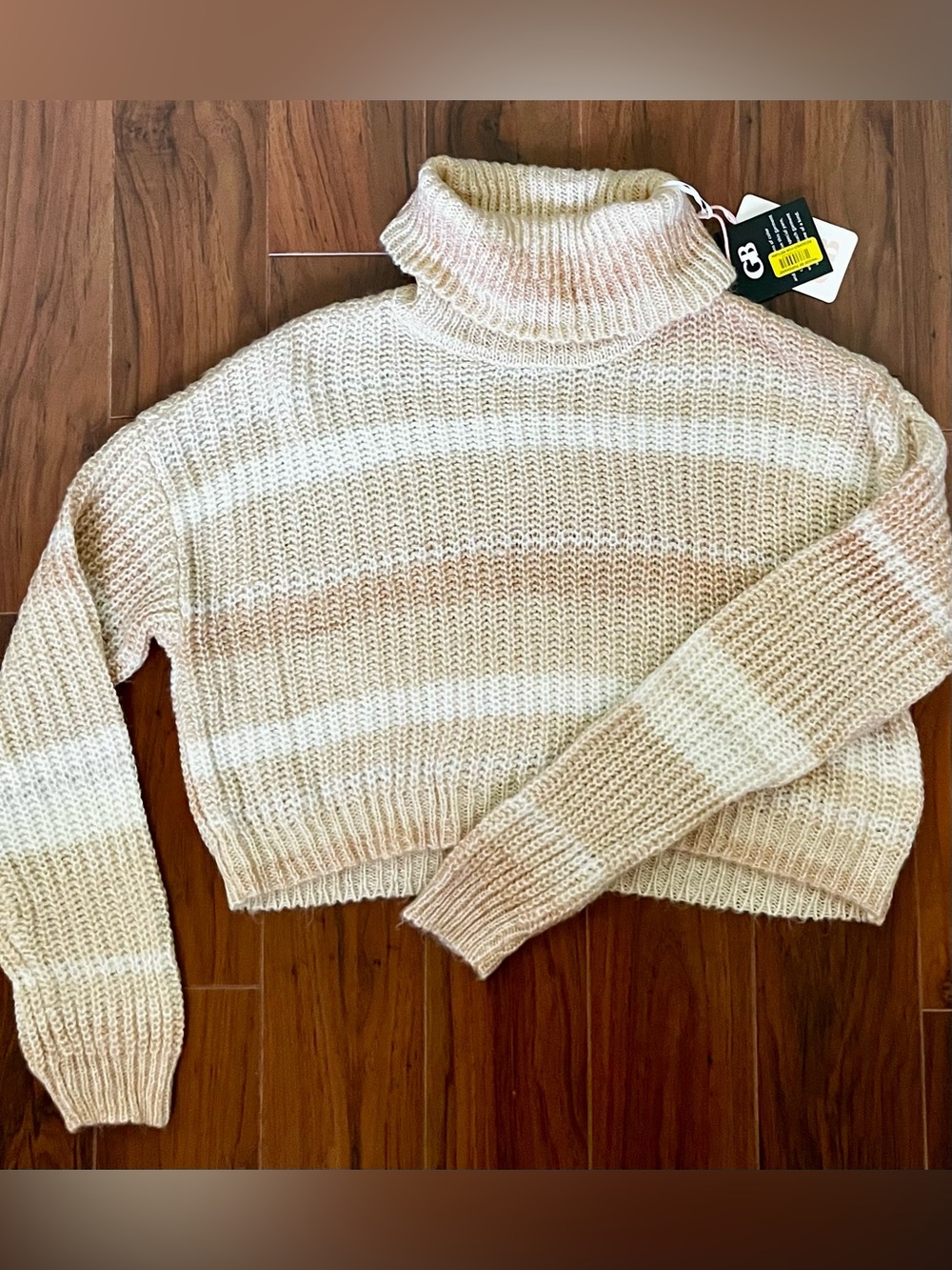 GB women’s Cream & Tan Striped Cropped Turtleneck Sweater